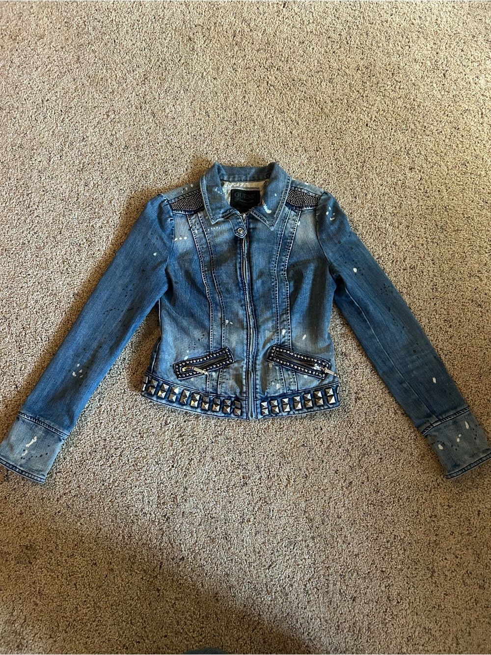 Guess Premium Limited Edition Studded Paint Splatter Denim Jacket M